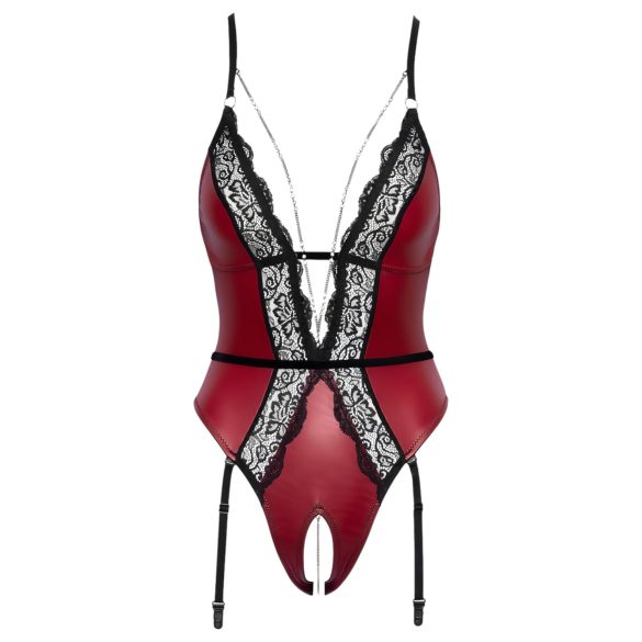 Abierta Fina - åben bodystocking med hofteholder (sort-rød)