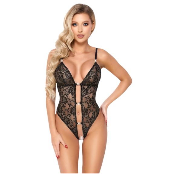 Abierta Fina - Åben, blondet bodystocking med strass (sort)
