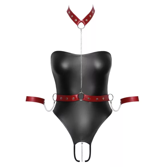 Cottelli Bondage - skinnende bodystocking + arm- og halsfiksering (sort)