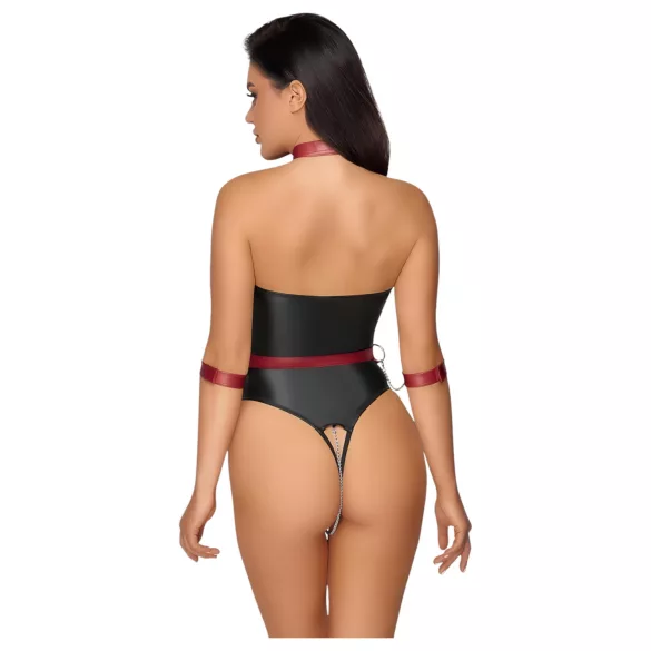 Cottelli Bondage - skinnende bodystocking + arm- og halsfiksering (sort)