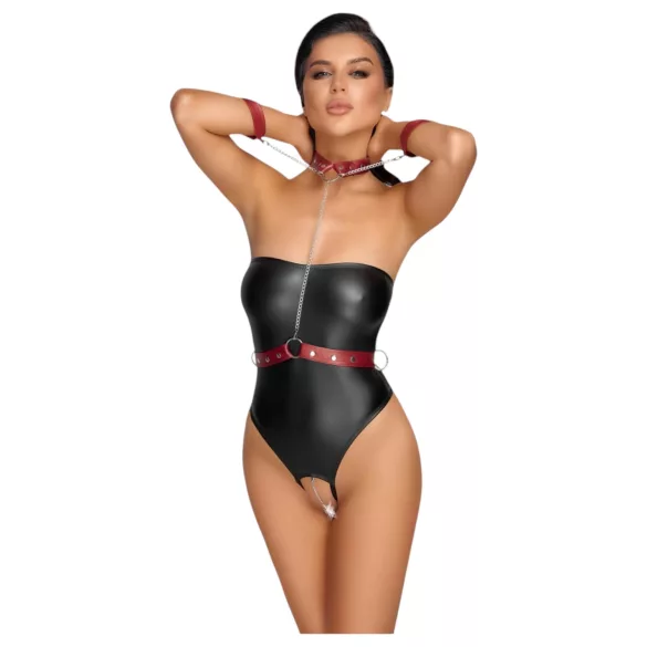 Cottelli Bondage - skinnende bodystocking + arm- og halsfiksering (sort) - L