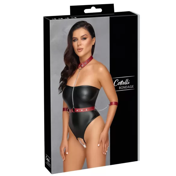 Cottelli Bondage - skinnende bodystocking + arm- og halsfiksering (sort) - L