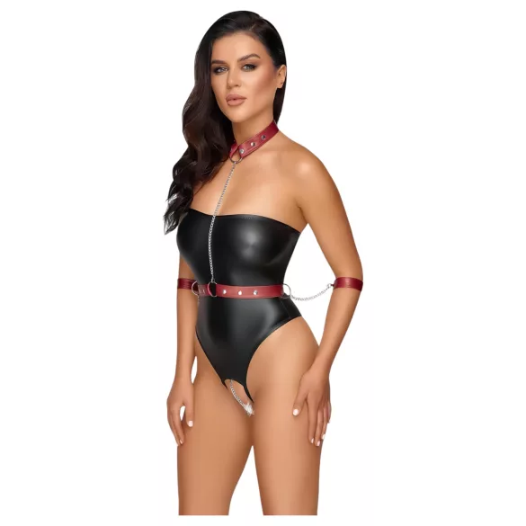 Cottelli Bondage - skinnende bodystocking + arm- og halsfiksering (sort) - L