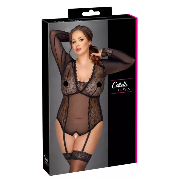 Cottelli Kurver - gennemsigtigt bodystocking (sort) - 2XL