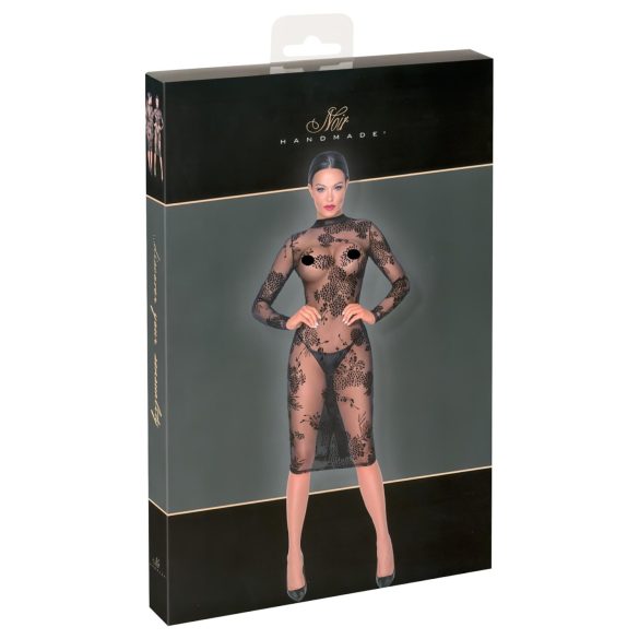 Noir - gennemsigtig, blomstret, langærmet kjole (sort) - M