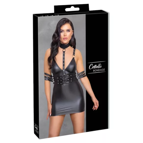 Cottelli Bondage - bondage minikjole med halsbånd - blank sort - M