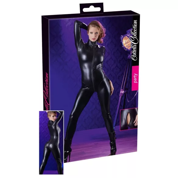 Cottelli - catsuit til fest - langærmet - blank sort - S