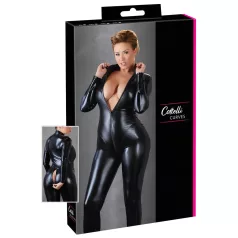   Cottelli Plus Size - party catsuit med lange ærmer - blank sort - 2XL