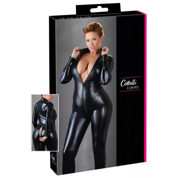 Cottelli Plus Size - party catsuit med lange ærmer - blank sort - 3XL
