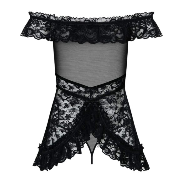 Obsessive Flores - babydoll med flæser og tanga (sort) - L/XL