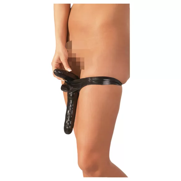 Late X bund med udvendig og indvendig dildo (sort, S-L)