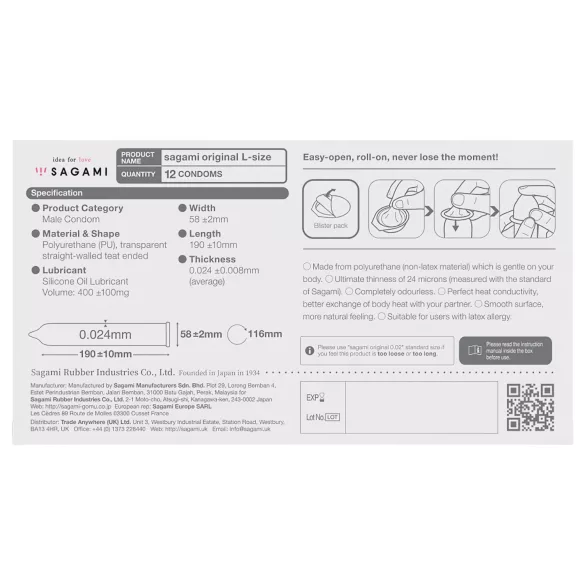 Sagami Original 0,02 L - kondom - ekstra tynd - 58mm (12 stk)