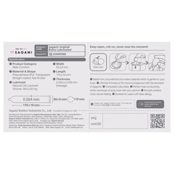 Sagami Original 0.02 - kondom - ekstra glide - 55mm - 12 stk