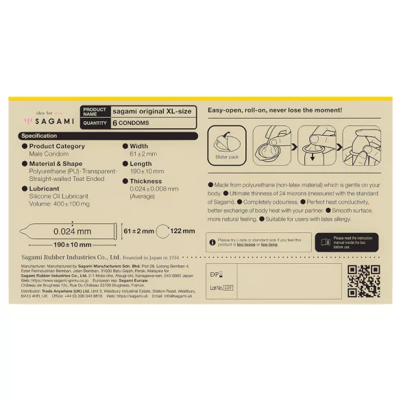 Sagami Original 0,02 XL - kondom - ekstra stor - 61mm - 6 stk