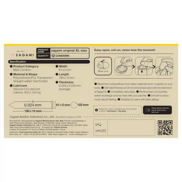 Sagami Original 0.02 XL - kondom - ekstra stor - 61mm (12 stk)