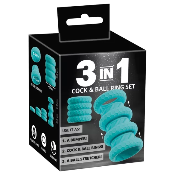 You2Toys - 3-i-1 penis- og testikelringsæt (turkis)