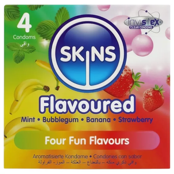Skins - smagskondomer - mint, tyggegummi, banan, jordbær (4 stk.)