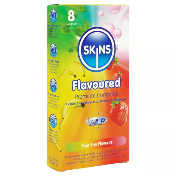 Skins - smagskondomer - mynte, tyggegummi, banan, jordbær (8 stk)