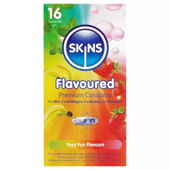 Skins - smagstilsat kondom - mint, tyggegummi, banan, jordbær (16 stk)