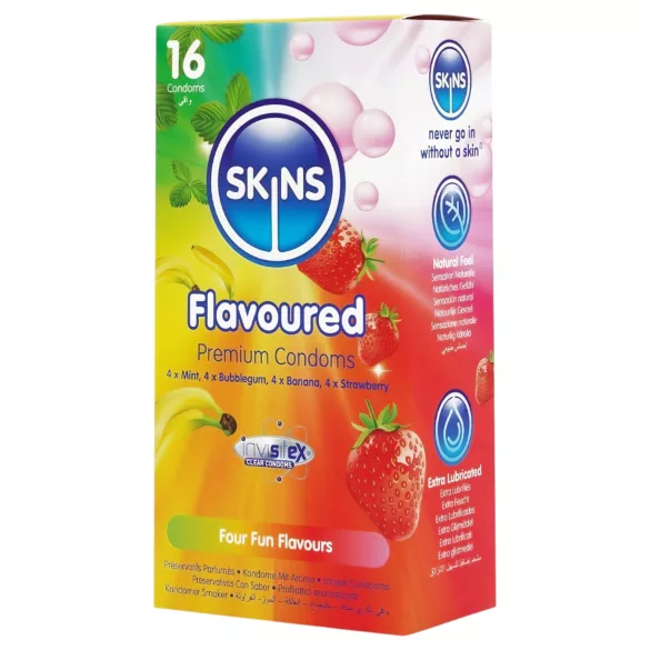 Skins - smagstilsat kondom - mint, tyggegummi, banan, jordbær (16 stk)