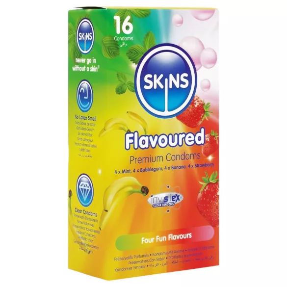 Skins - smagstilsat kondom - mint, tyggegummi, banan, jordbær (16 stk)