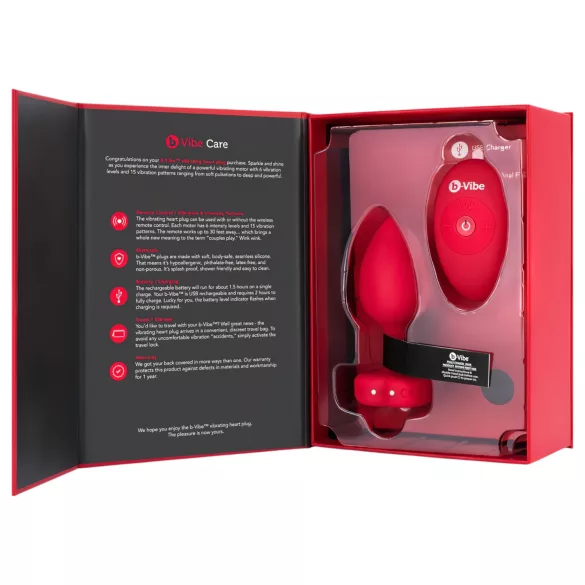 b-vibe heart - genopladelig fjernbetjent anal vibrator (rød)