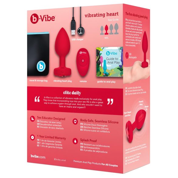 b-vibe heart - genopladelig fjernbetjent anal vibrator (rød)