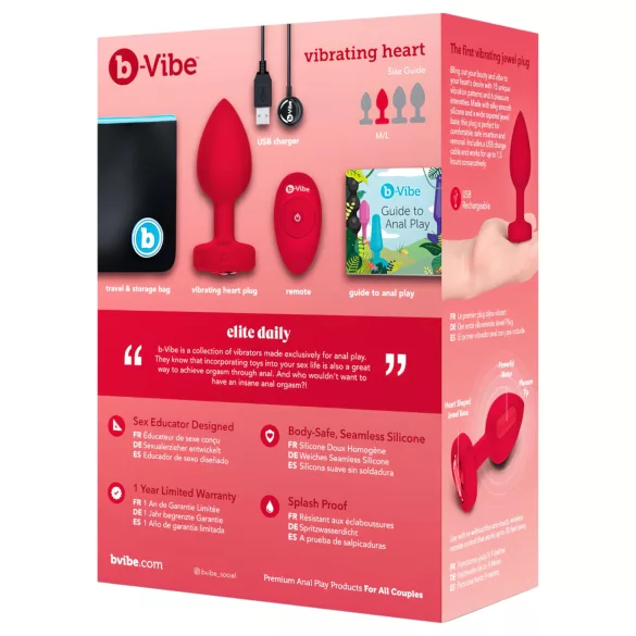 b-vibe heart - genopladelig fjernbetjent anal vibrator (rød)