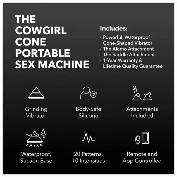 The Cowgirl Cone - app-styret premium sexmaskine - med 2 udskiftelige vedhæftninger, 20 vibrationsindstillinger (sort)