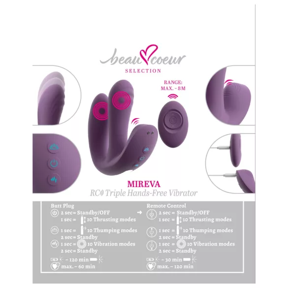 Beau Coeur Mireva - vibrator med tre arme - fjernbetjening - lilla