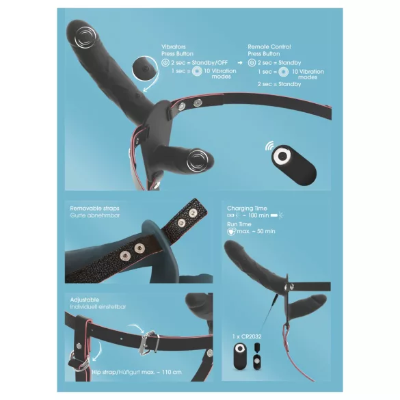 You2Toys - fjernbetjent dobbelt strap-on vibrator (sort)