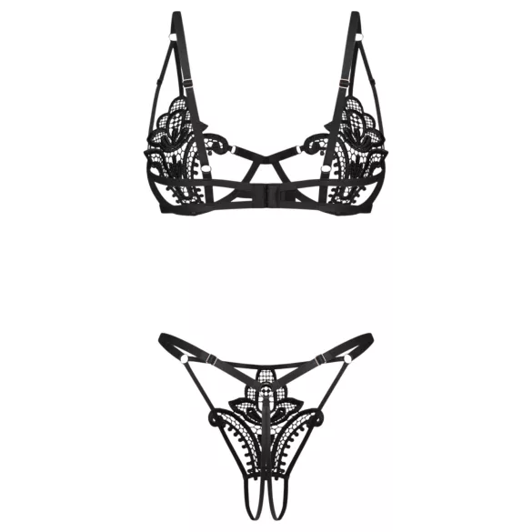 Obsessive Luise - 2-delt undertøjssæt med tulipaner (sort) - L/XL