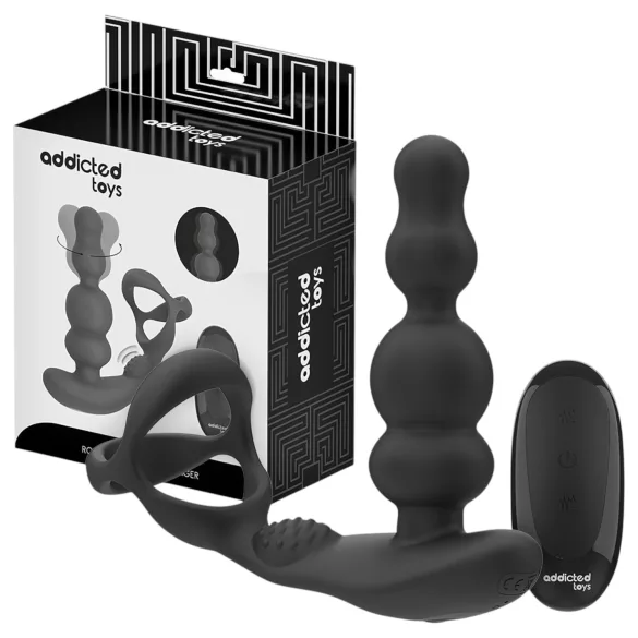 Addicted Toys - analvibrator med roterende hoved og penisring - sort