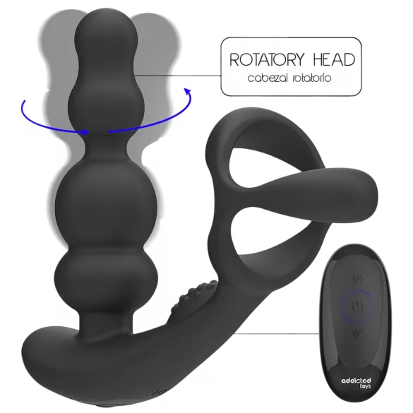 Addicted Toys - analvibrator med roterende hoved og penisring - sort