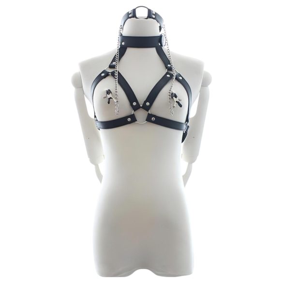 Latetobed - brystsele med mundgag og brystklemmer - sort