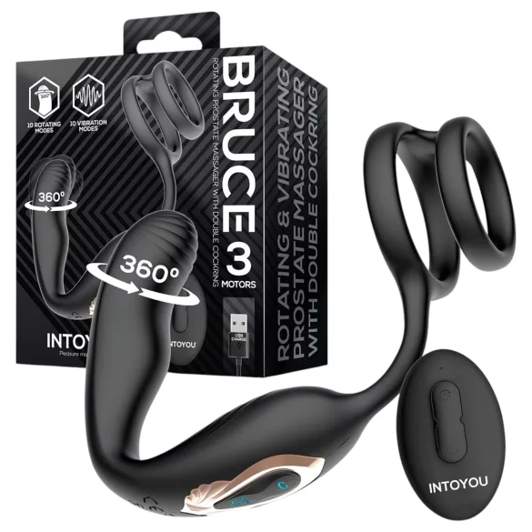 IntoYou Bruce - roterende prostatavibrator med fjernbetjening og dobbelt ring (sort)