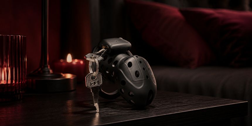 Sort chastity cage med nøgler på natbord, vist i lovesexshop.dk sex shop guide