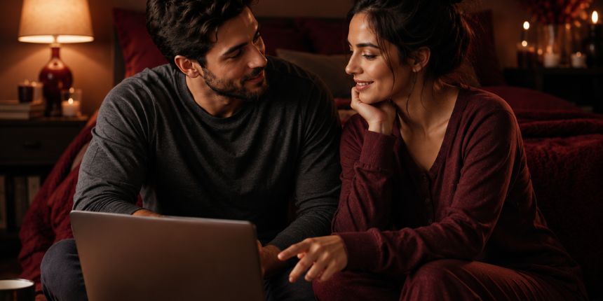 Et par taler åbent om, hvordan man beder om det, man ønsker i sengen, i et hyggeligt soveværelse, lovesexshop.dk sex shop