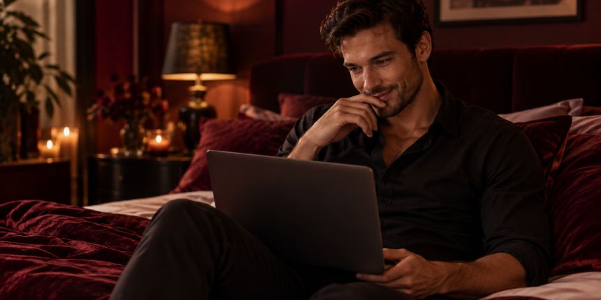 Mand sidder på en seng med en bærbar computer og læser om onani tips | lovesexshop.dk sex shop